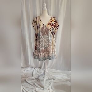 Bucketlist Mix Floral Print Mini Tunic Dress Sleevless V-Neck Boho Ruffle Size S